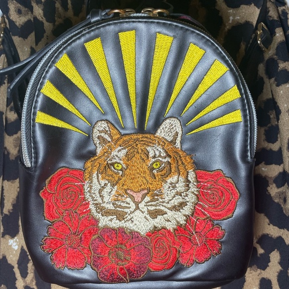 wild fable Handbags - Embroidered Tiger & Roses Mini Black Backpack